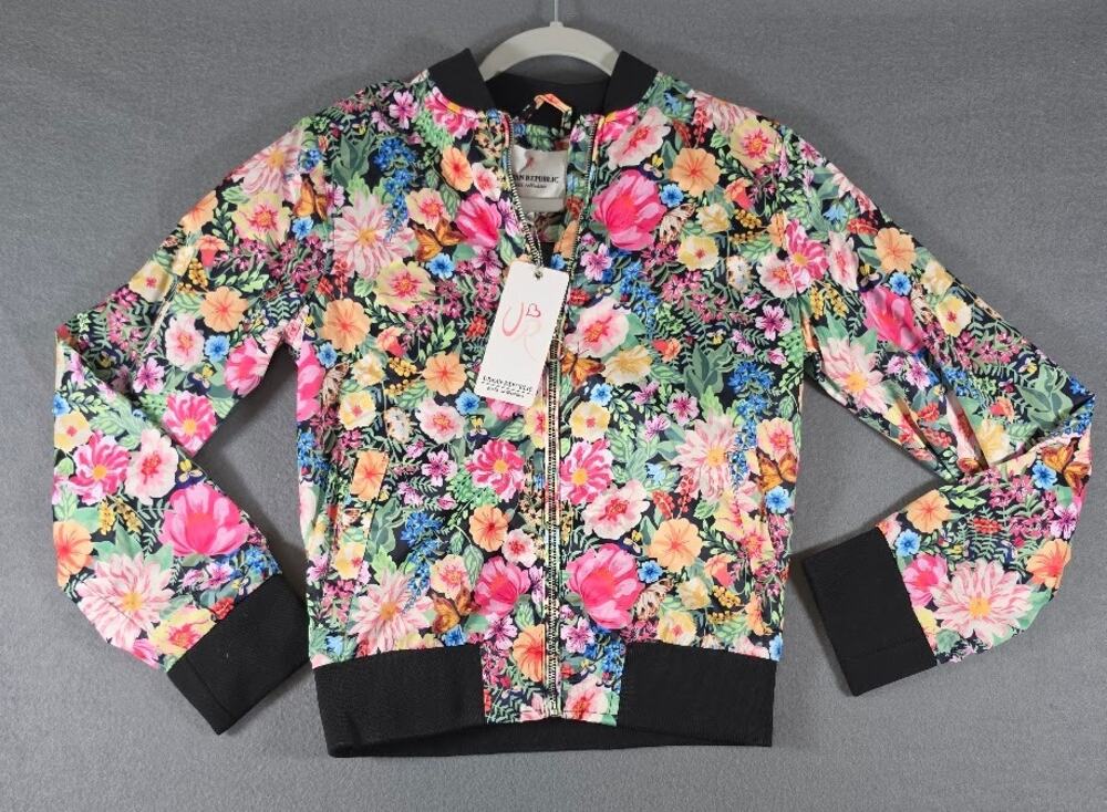 NWT Urban Republic Girls Floral Satin Zip-Up Bomber Jacket Black Large 14/16